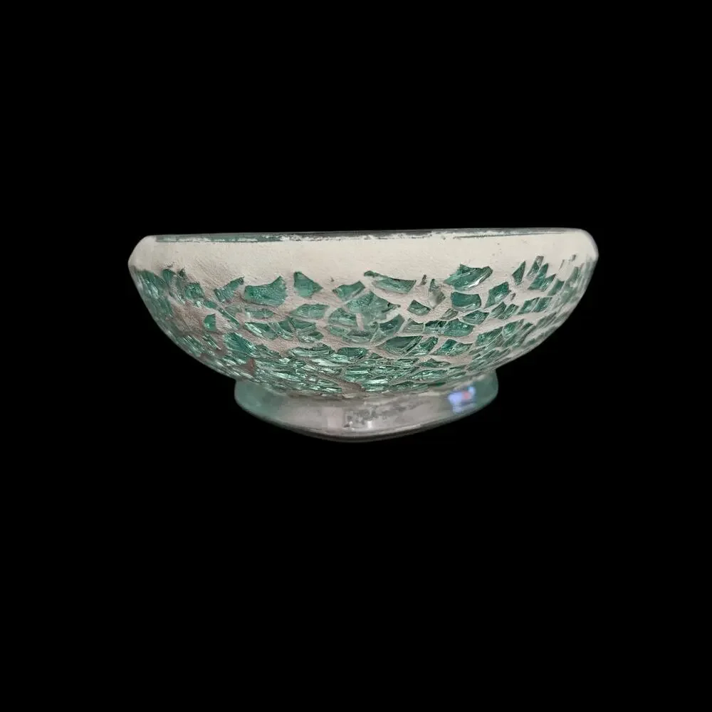 Vintage Green Crackle Mosaic Art Glass Oval Console Bowl Centerpiece
